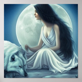 Moon Goddess with Wolf Bowing - Wolf Poster