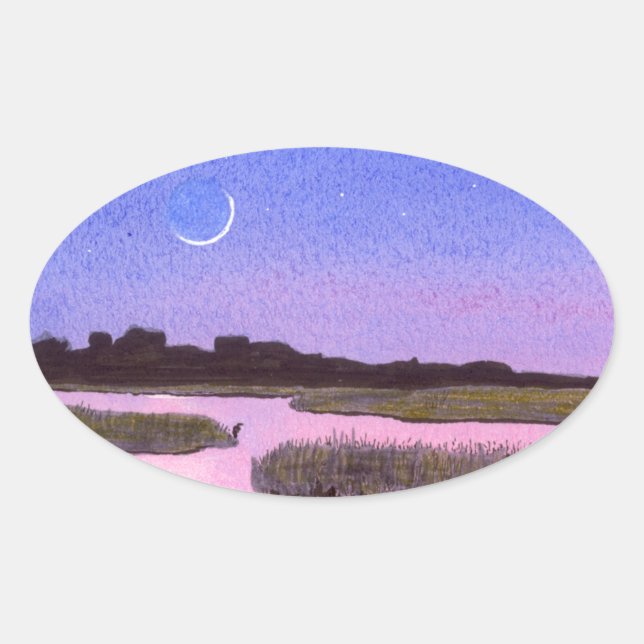 Moon & Heron Ovaler Aufkleber (Vorderseite)