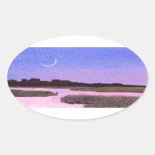 Moon & Heron Ovaler Aufkleber