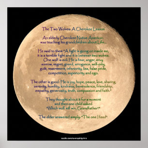 Moon Image with 2 WOLVES CHEROKEE TALE Art Poster