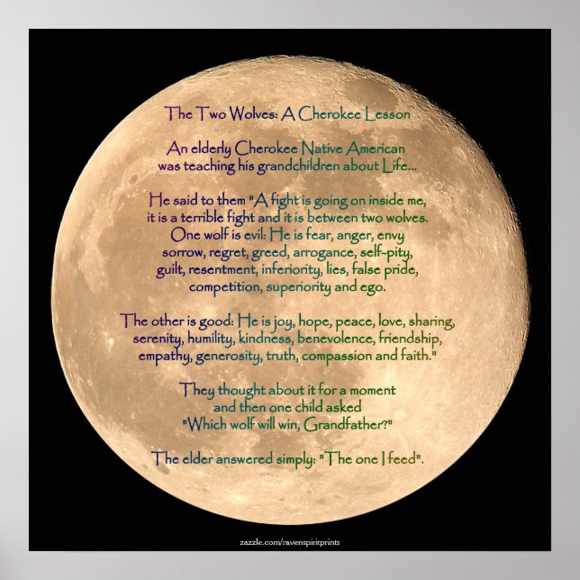 Moon Image with 2 WOLVES CHEROKEE TALE Art Poster (Vorne)