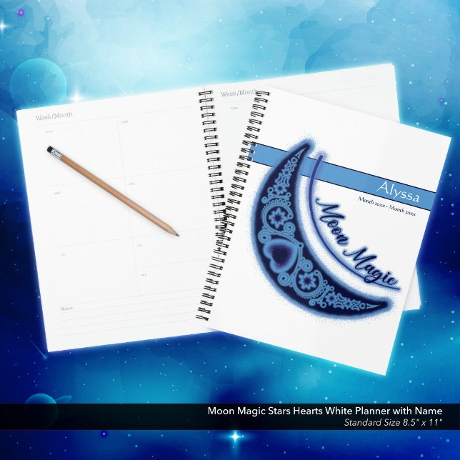 Moon Magic Stars Hearts Celestial Love Name (Moon Magic/Celestial Love Stars and Hearts White Planner with Your Name.)