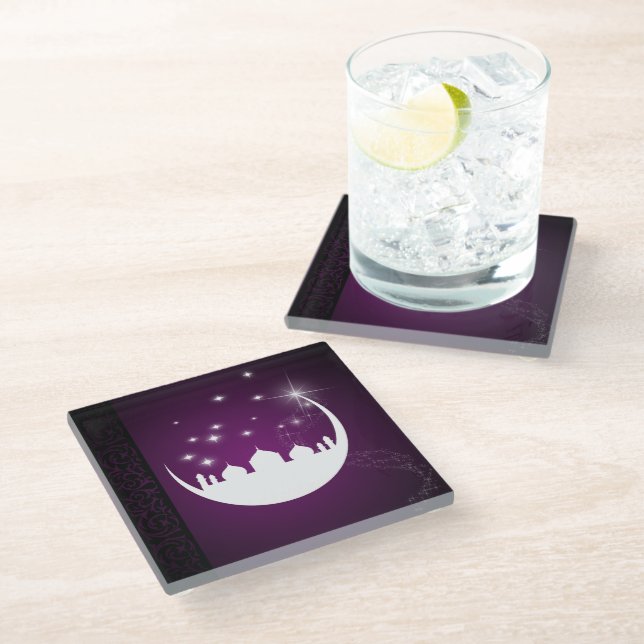 Moon mit Moschee Silhouette - Untersetzer aus Glas (Schrägansicht)
