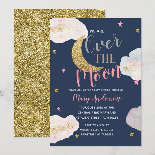 Moon Navy Blue and Gold Baby Dusche Einladung (Vorne/Hinten)