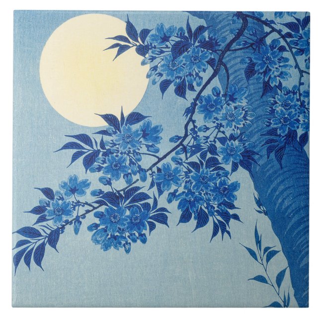 Moon Night Abend Tree Blue Moonlit Fliese (Vorderseite)