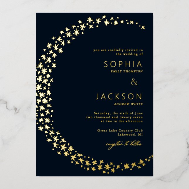 Moon of Stars Black Wedding Folieneinladung (Vorderseite)