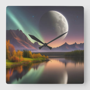 Moon over Mountain Landschaft Quadratische Wanduhr