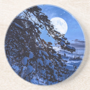 Moon over snowy fir tree and sea coast at night getränkeuntersetzer