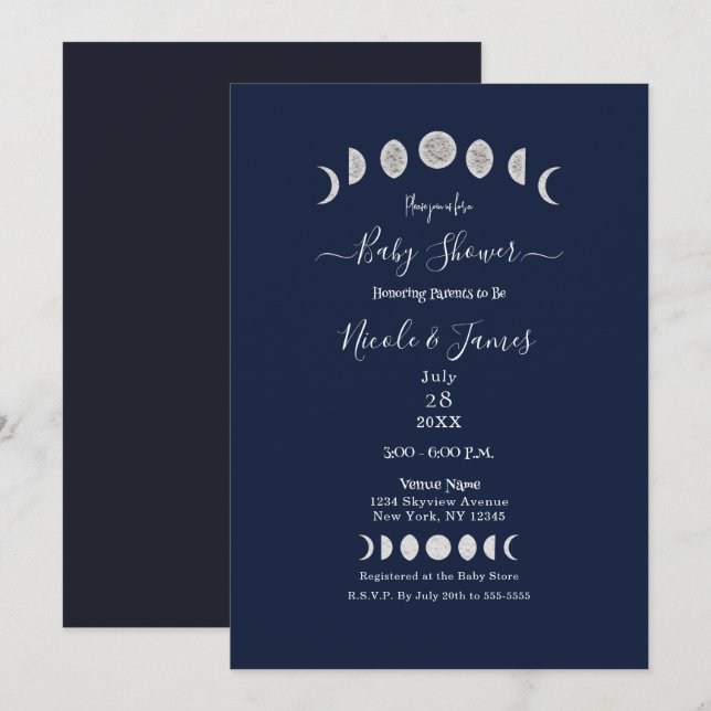Moon Phases Blue Astrology Celestial Baby Dusche Einladung (Vorne/Hinten)