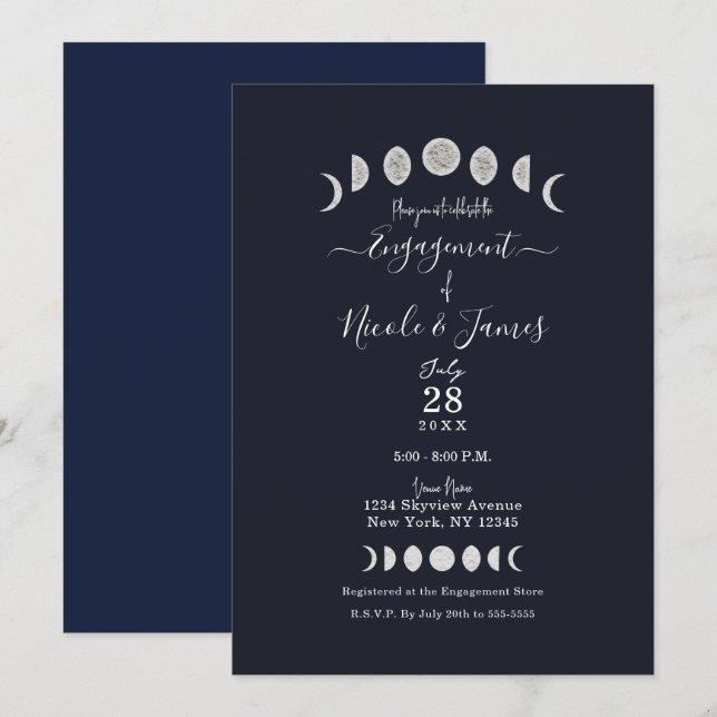 Moon Phases Blue Astrology Celestie Verlobung I Einladung (Vorne/Hinten)