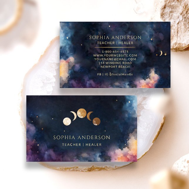 Moon Phases Celestial Navy Healing Arts Coach Chic Visitenkarte (elegant business card celestial cosmic galaxy moon phases yoga well being healing tarot astrology)