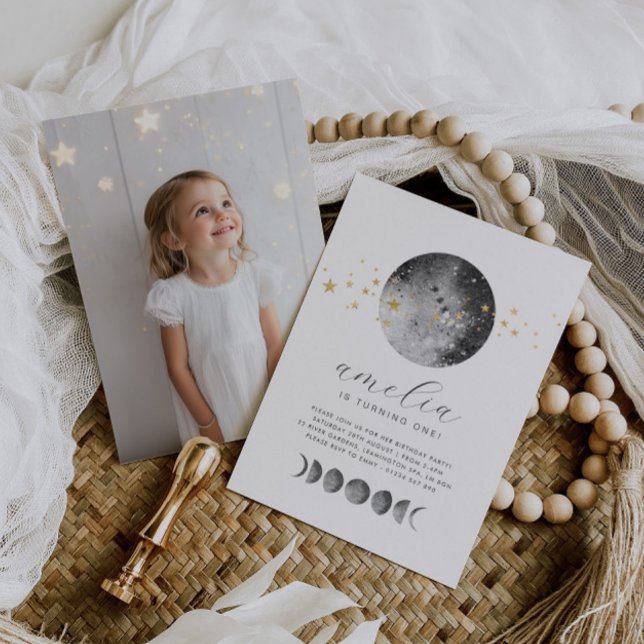 Moon Phases Gold Stars Photo Birthday Invitation Einladung (Zazzle Moon Phases Gold Stars Photo Birthday Invitation)