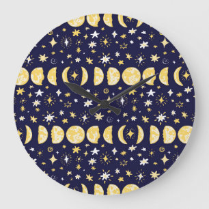 Moon Phases Stars Vintager Hintergrund Große Wanduhr