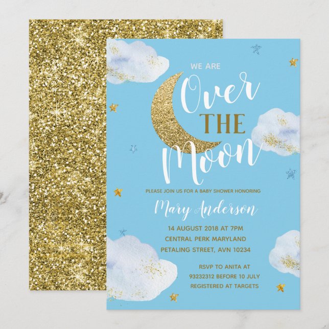 Moon Sky Blue Powder Blue and Gold Baby Dusche Einladung (Vorne/Hinten)
