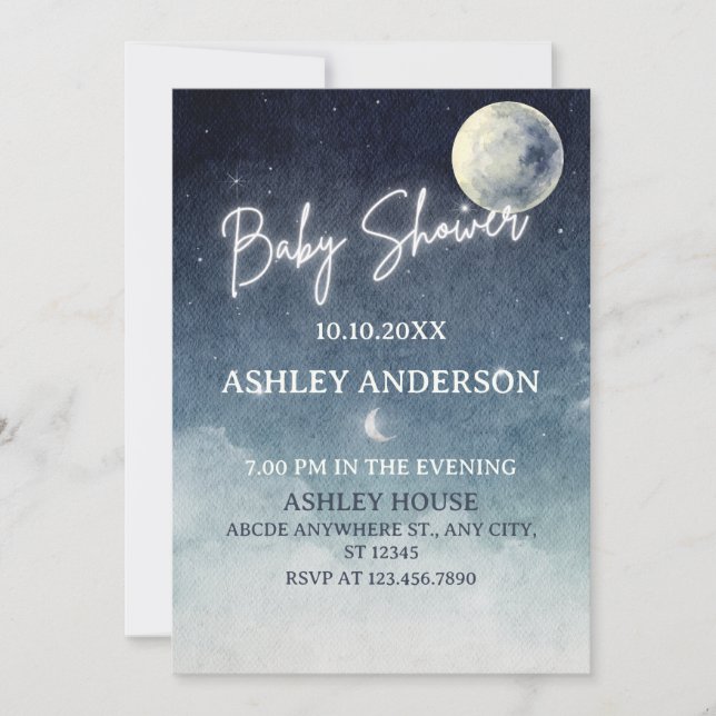 Moon sky light stars Aquarell BABY SHOWER Einladung (Vorderseite)