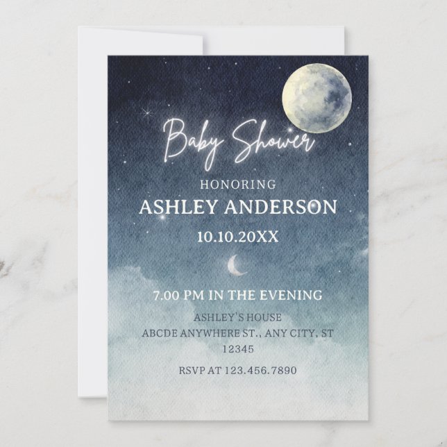 Moon sky light stars Aquarell BABY SHOWER Einladung (Vorderseite)