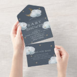 Moon Star & Cloud Navy Blue Book Baby Dusche All In One Einladung<br><div class="desc">Diese niedliche,  geschlechtsneutrale Babydusche-Einladungskarte bietet die Imitate goldenen Glitzer-Halbmond,  Sterne und flauschige Wolken auf einem blau-marinebasierten Hintergrund. Es beinhaltet eine Buchanfrage/Bücher für das Baby/bitte eine Buchkarte mitbringen. Personalisieren Sie es für Ihre Bedürfnisse. In meinem Geschäft finden Sie passende Produkte.</div>
