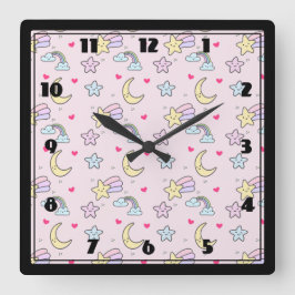 Moon, Stars and Clouds Pattern on Pink Quadratische Wanduhr