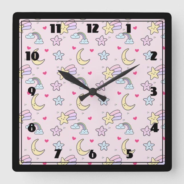 Moon, Stars and Clouds Pattern on Pink Quadratische Wanduhr (Vorderseite)