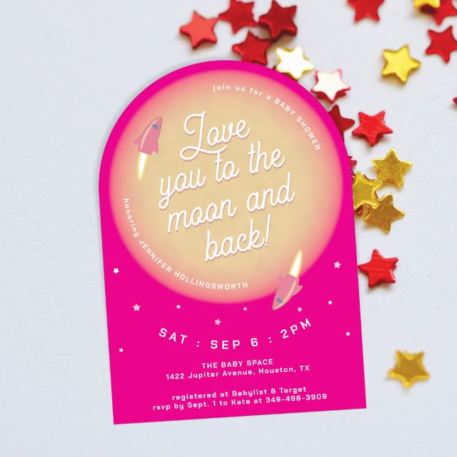 Moon, Stars, and Rockets Pink Baby Shower Einladung (Von Creator hochgeladen)