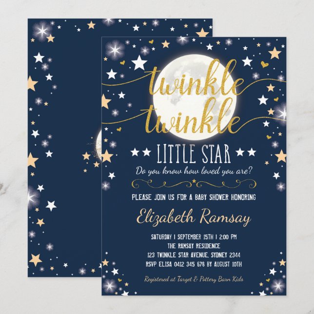Moon & Stars Babydusche Navy Gold Twinkle Twinkle Einladung (Vorne/Hinten)