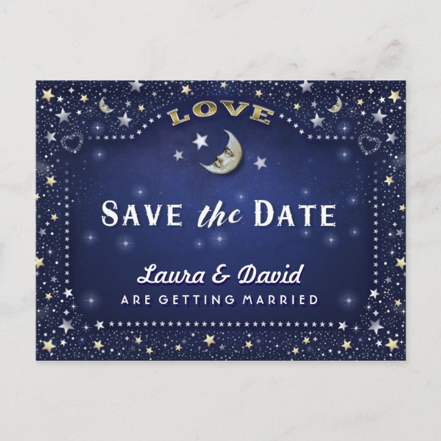 Moon & Stars Blue Gold & White Rett Date Postcard Ankündigungspostkarte (Vorderseite)