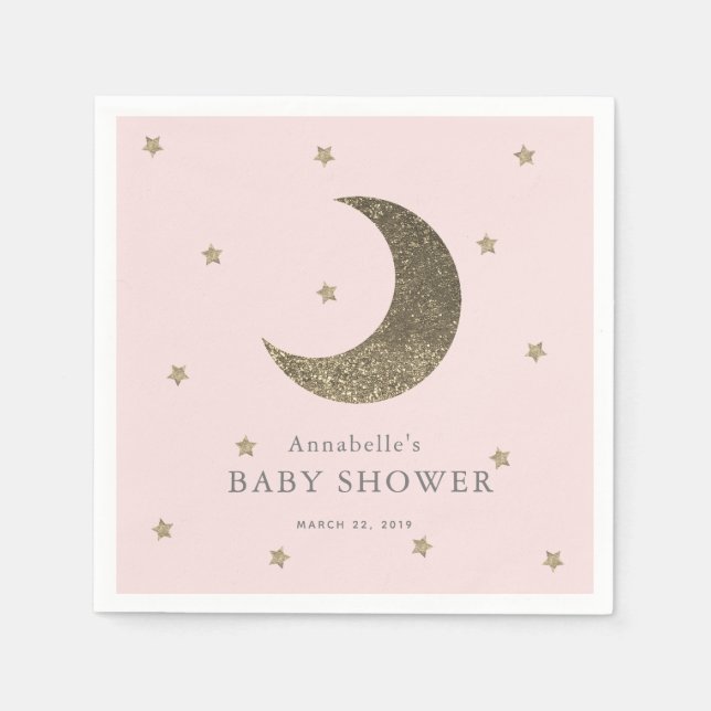 Moon & Stars Blush Pink Babydusche Papier Napkins Serviette (Vorderseite)