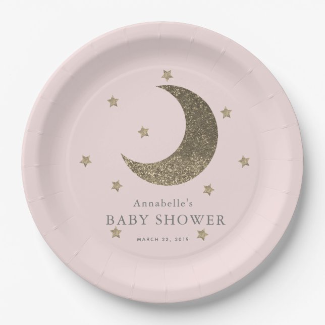 Moon & Stars Blush Pink Babydusche Papierplatte Pappteller (Vorderseite)