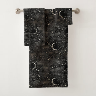Moon Stars Celestial Black Badhandtuch Set