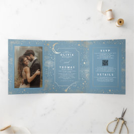 Moon Stars Celestial Dusty Blue Wedding Foto Dreifach Gefaltete Einladung