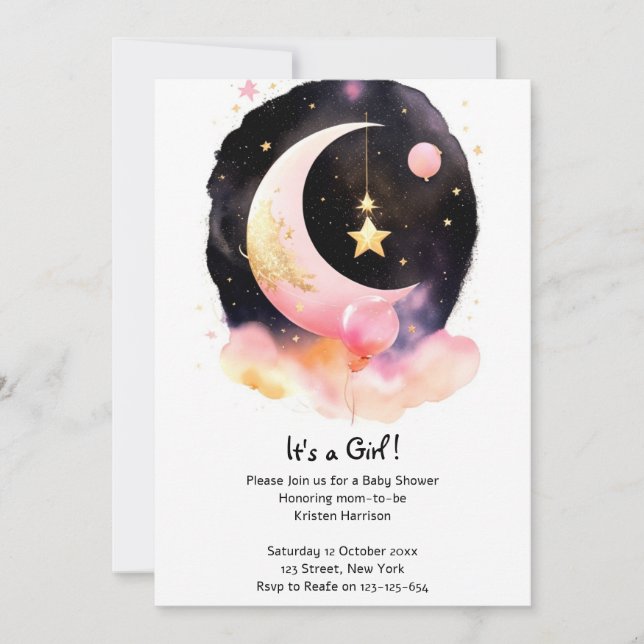 Moon Stars Celestial Watercolor Girl Babydusche Einladung (Vorderseite)