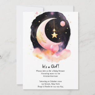 Moon Stars Celestial Watercolor Girl Babydusche Einladung