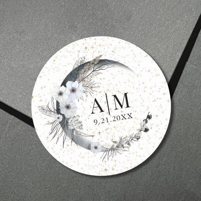 Moon Stars Celestial Wedding Runder Aufkleber (Moon Stars Celestial Wedding Classic Round Sticker)