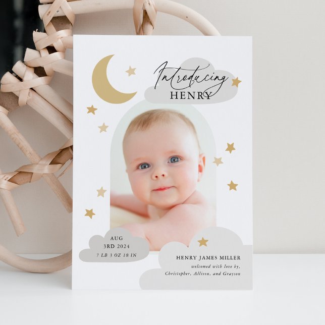 Moon Stars Clouds Arch Foto Grau Birth Ankündigung (Von Creator hochgeladen)