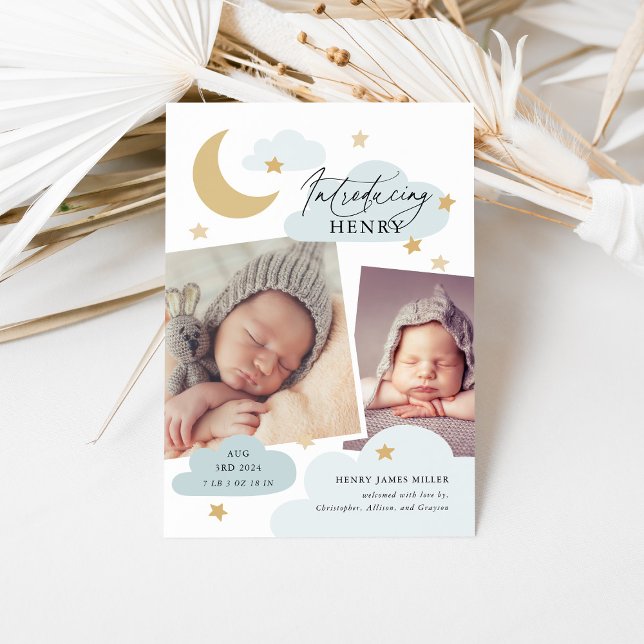 Moon Stars Clouds Collage Foto Baby Blue Birth Ankündigung (Von Creator hochgeladen)