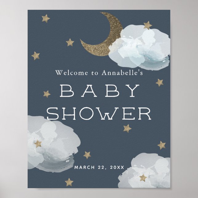 Moon Stars & Clouds Navy Blue Baby Dusche Willkomm Poster (Vorne)