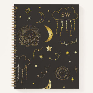 Moon & Stars Constellation Black & Gold Monogram Notizbuch