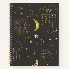 Moon & Stars Constellation Black & Gold Monogram Notizbuch