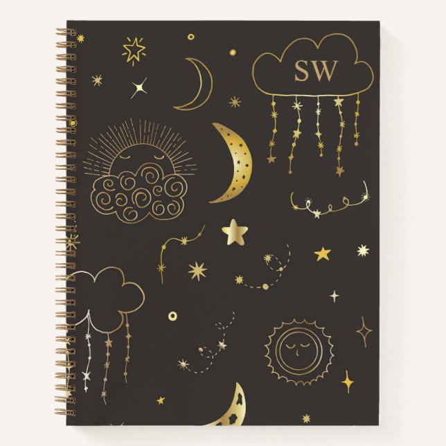 Moon & Stars Constellation Black & Gold Monogram Notizbuch (Vorderseite)