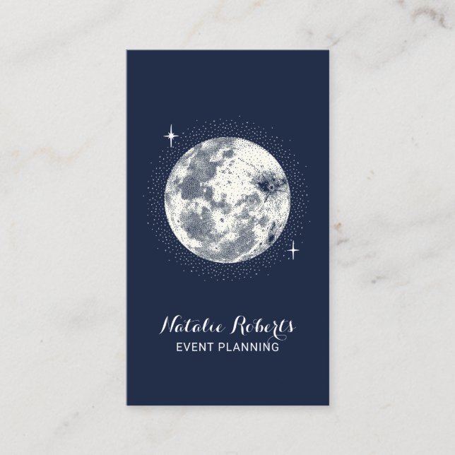 Moon & Stars Elegante Navy Blaue Veranstaltungspla Visitenkarte (Vorderseite)