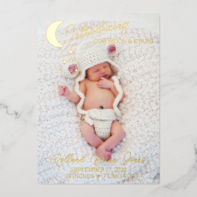 Moon & Stars Gold Foil Foto Geburtsankündigung Folieneinladung (Vorderseite)