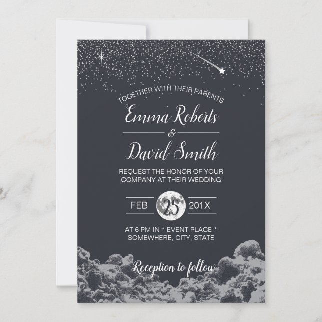 Moon & Stars Night Elegante Hochzeit Einladung (Vorderseite)