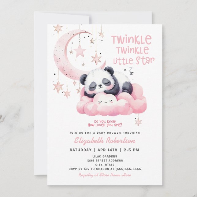 Moon Stars Pink Panda Bear Girl Babydusche Einladung (Vorderseite)