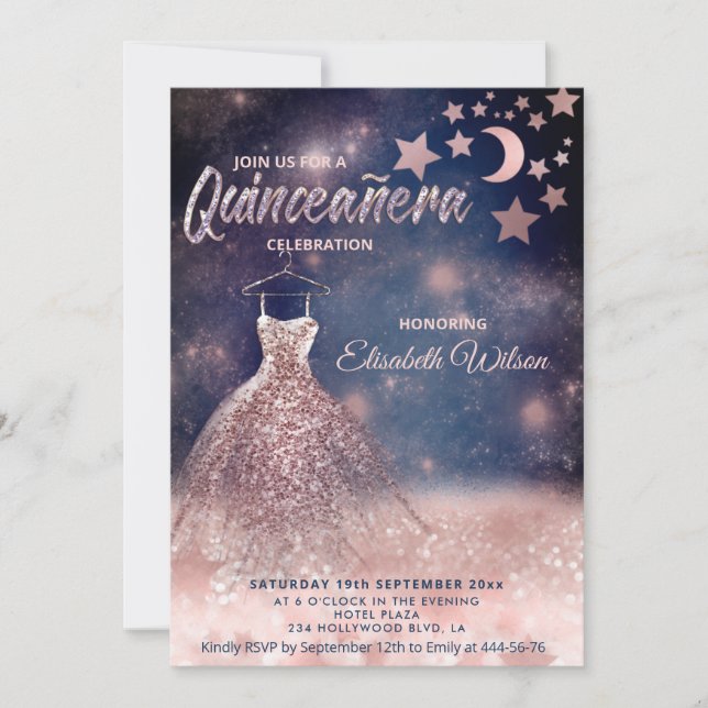 Moon & stars Rose goldglänzende Kleidung himmlisch Einladung (Vorderseite)