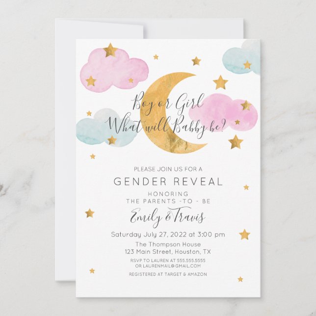Moon & Stars theme Gender Reveal Boy or Girl Einladung (Vorderseite)