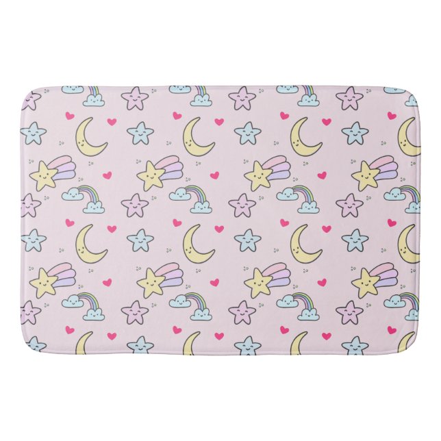 Moon, Stars und Wolken Muster auf Pastellrosa Badematte (Vorderseite)