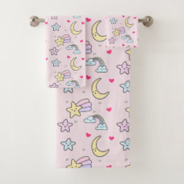 Moon, Stars und Wolken Muster auf Pastellrosa Badhandtuch Set