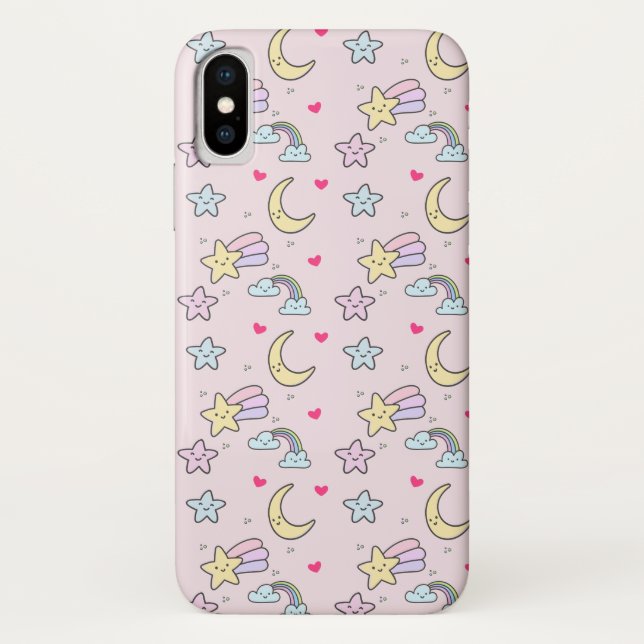 Moon, Stars und Wolken Muster auf Pastellrosa Case-Mate iPhone Hülle (Rückseite)