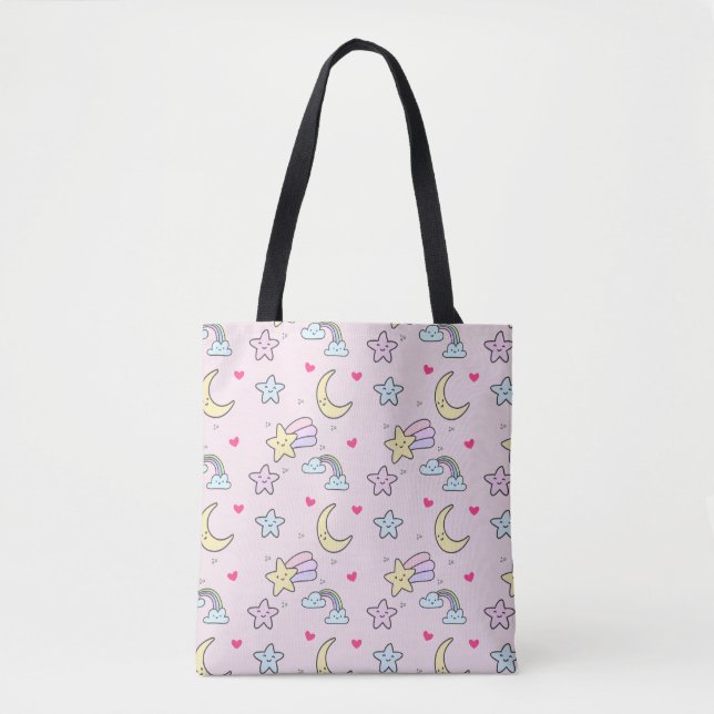 Moon, Stars und Wolken Muster auf Pastellrosa Tasche (Vorderseite)