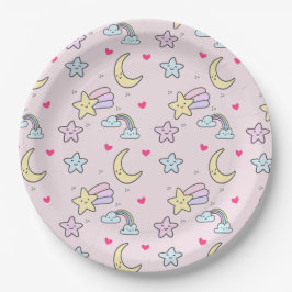 Moon, Stars und Wolken Muster auf rosa Pappteller